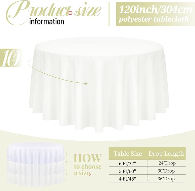 Pesonlook 10 Pack Ivory Round Tablecloth 120 Inch, Polyester Tablecloth for Round Tables, Wrinkle & Stain Resistant, Perfect for Wedding, Party, Dining, Banquet