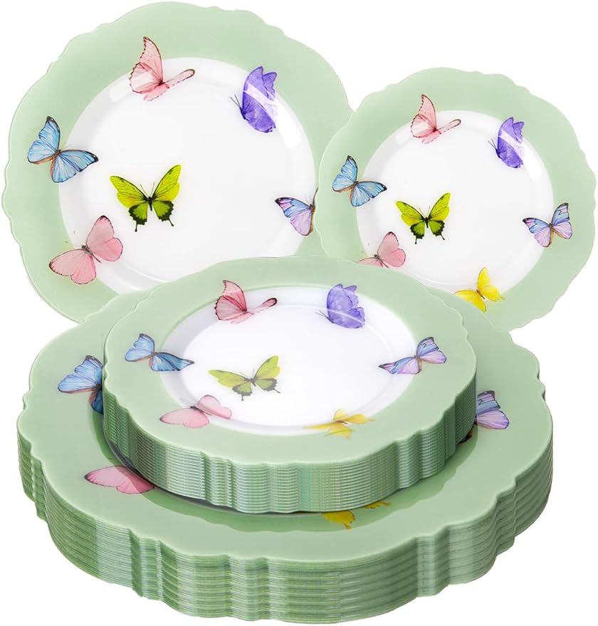 WDF 20PCS Green Butterfly Plates - Baroque Spring Plates Disposable - Butterfly Party Decorations for Birthdays/Tea Party/Bridal Shower/Mother's Day