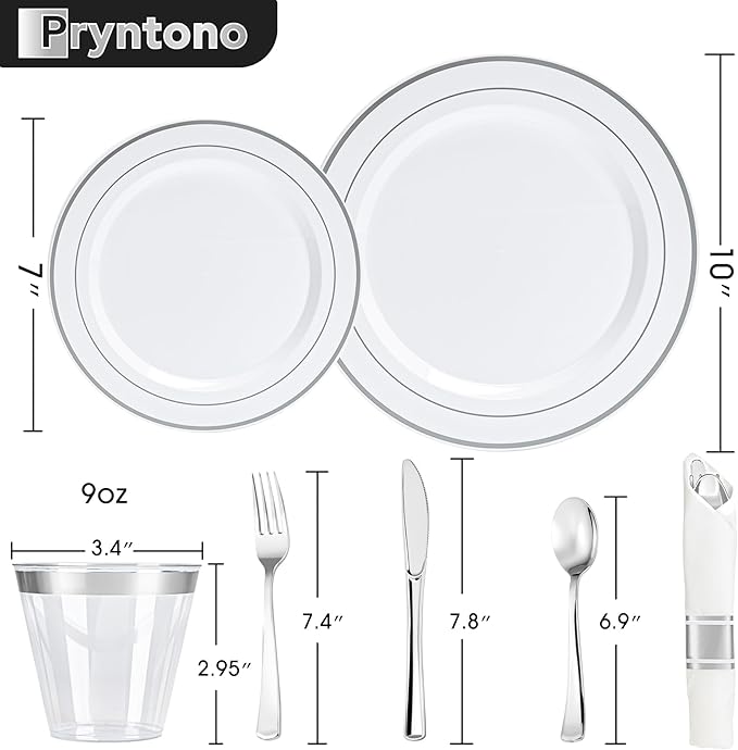 175 PCS White and Silver Plastic Dinnerware Set for 25 Guests, Disposable Party Plates for 25 Guests, Include: 50 Plastic Plates, 25 Pre Rolled Napkins with Silver Silverware, 25 Cups