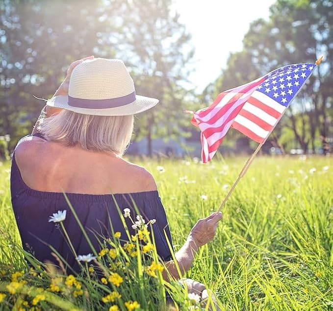 24 Pcs 12x18 Inch American Flags on Stick, American Flags, USA Stick Flag with Handheld and Grounded Multi-Purpose Flagpole, Design for Memorial Day, 4th of July, Veterans Day, Outside decorations