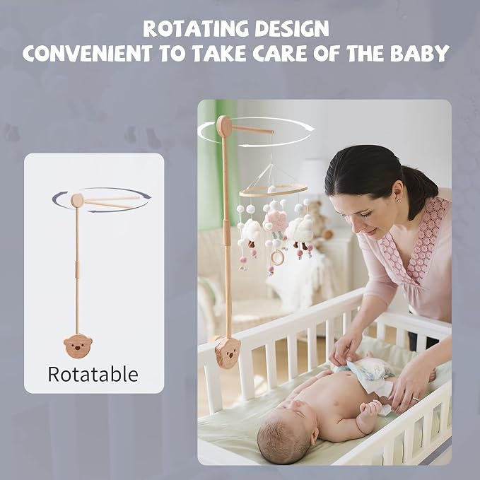JETMHH Wooden Crib Mobile Arm | Crib Mobile Holder | Nursery Mobile Hanger Cartoon Bear | Horizontal 360 Rotatable, 2 Adjustable Hanging Angles Fits Thick Railings Nursery Decoration