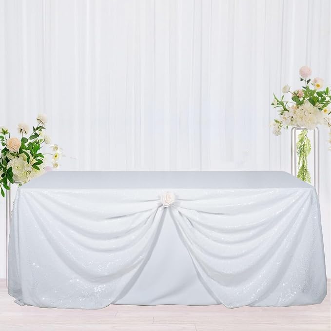 Poise3EHome White Sequin Tablecloth 60×102 Inch Rectangle Sparkly Fabric Table Cloth for Birthday Wedding Party Holiday Baby Shower Christmas Decoration