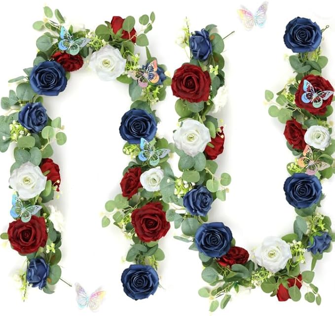 12FT Artificial Eucalyptus Flower Garland with Butterflies - Pack of 2 Fake Rose Faux Greenery Eucalyptus Garlands for Wedding Table Backdrop Centerpieces Decorations - Navy Blue & Burgundy& White