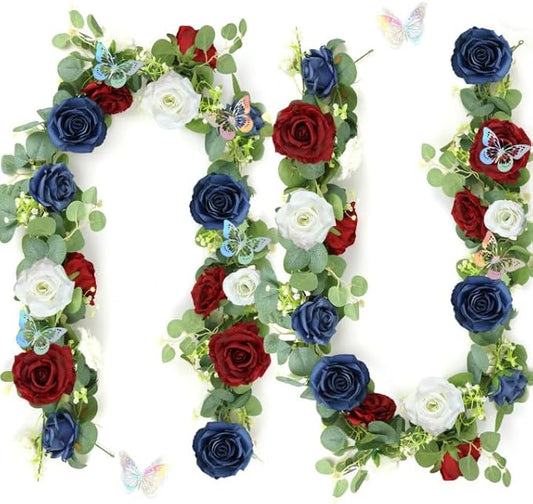 12FT Artificial Eucalyptus Flower Garland with Butterflies - Pack of 2 Fake Rose Faux Greenery Eucalyptus Garlands for Wedding Table Backdrop Centerpieces Decorations - Navy Blue & Burgundy& White