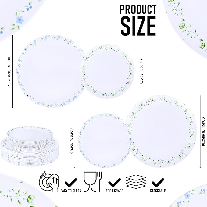 YOUBET 60PCS Floral Plastic Plates - Disposable Decorative Plates Set for 30 Guests - Blue and Green Floral Plate - Spring Plastic Dishes Dinnerware Sets for Tea Party & Wedding & Bridal Shower