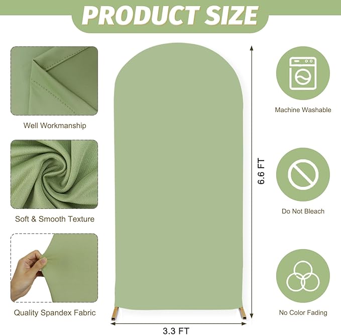 MODFUNS 6.6ft Arch Cover Sage Green Spandex Arch Backdrop Cover Round Top Chiara Backdrop Covers Stretch Arch Covers Fabric Double Sided Arch Stand Covering for Birthday Party Ceremony Decorations