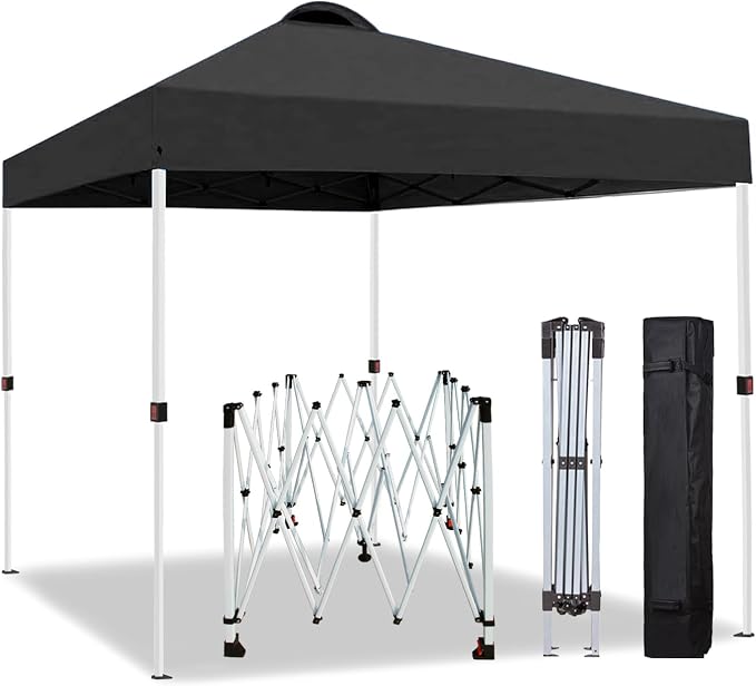 10x10 Pop Up Canopy Tent, One Push Center Lock Instant Setup Folding Shelter, High Strength Steel Frame and Handheld Carry Bag, Ground Stakes and Wind Ropes for Camping, Parties, Black