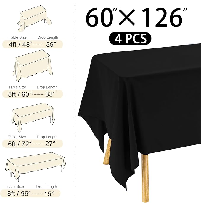 4 Pack Rectangle Tablecloth 60x126 Inch Black Washable Polyester Table Cover for Wedding Dining Table Buffet Parties Banquet Decoration（Black）