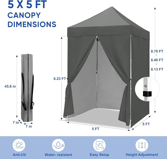 COOS BAY 5x5 Pop Up Canopy Tent with Side Walls, Easy Setup Portable Sun Shelter with Carry Bag, Outdoor Shade for Beach, Camping, Sports & Backyard, Gray