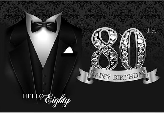 10x6.5ft Men 80th Birthday Tuxedo Background Black Necktie Suit Tuxedo Happy Birthday Photography Backdrop Hello Eighty Silver Diamond Luxury Birthday Party Supplies Portrait Photo Shoot Props