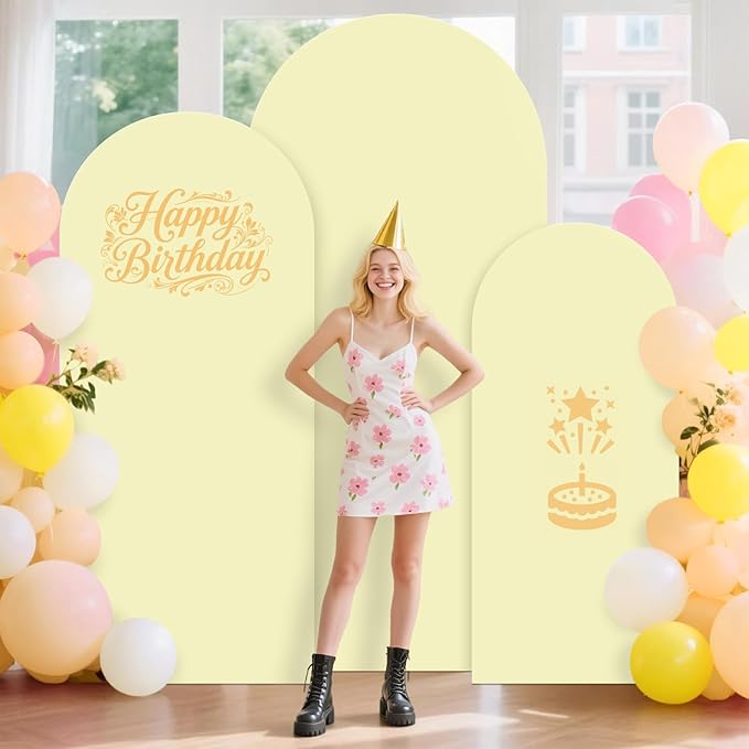 Arch Backdrop Stand with Cover Metal Arch Stand and Yellow Arched Cover 7.2FT, 6.6FT, 6FT Wedding Arch Backdrop Stand and Covers Set for Happy Birthday Baby Shower Graduation Party Decor