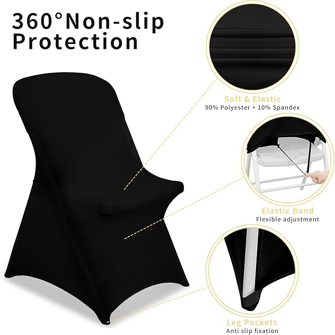Black Chair Covers Stretch Folding Chair Covers Universal Spandex Fitted Chair Slipcovers for Wedding Dining Party Banquet Holidays Celebration Trade Show Craft Show Decoration (6 Pack)