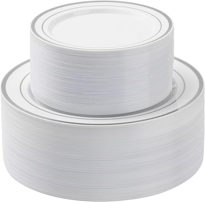BESTSTAR 100 Piece Silver Rim Plastic Plates - 50 Dinner Plates 10.25" & 50 Dessert Plates 7.5" - Premium White Disposable Plates, Heavy Duty & Elegant for Wedding, Party, and Formal Events