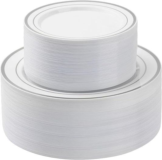 BESTSTAR 100 Piece Silver Rim Plastic Plates - 50 Dinner Plates 10.25" & 50 Dessert Plates 7.5" - Premium White Disposable Plates, Heavy Duty & Elegant for Wedding, Party, and Formal Events
