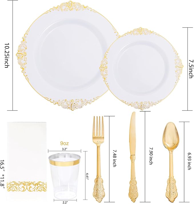 Nervure 350PCS Gold Plastic Dinnerware - White and Gold Disposable Plates for 50 Guests - 100 White Disposable Plates, 150 Plastic Silverware, 50 Cups, 50 Napkins for Wedding & Party & Mother's Day