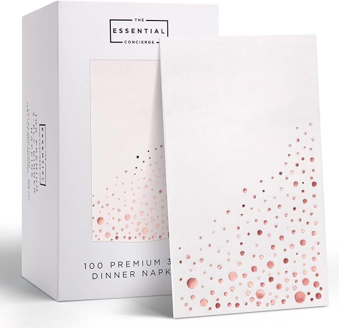 Stylish Rose Gold Napkins, 100 Disposable Rose Gold Napkins for Party, 7.5 x 4.25 Inch White and RoseGold Dinner Napkins, 3-Ply Paper Napkins, RoseGold Party Napkins