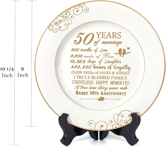 Urllinz 50th Anniversary Plate with 24k Gold Foil - 50 Year Anniversary Wedding Gifts for Couples Parents, Happy Marriage Decorations for Him Her, Ceramic 9"