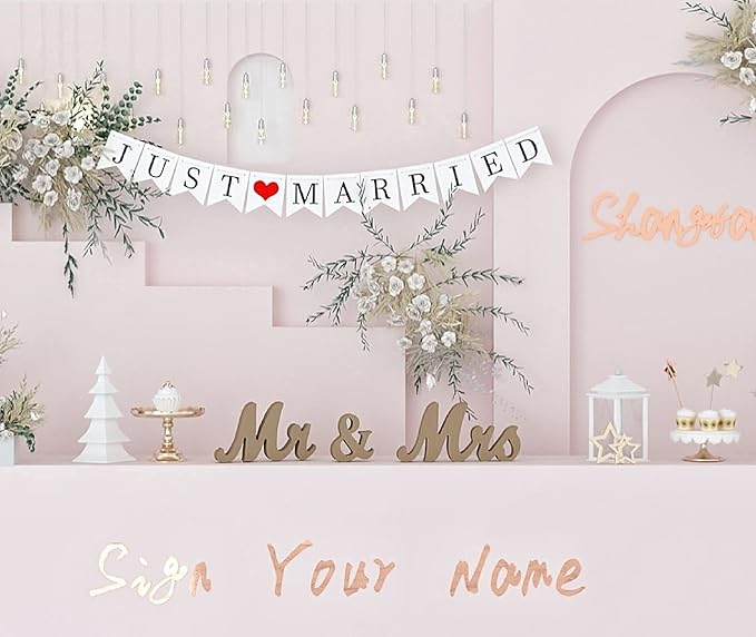 VIOPVERY Mr and Mrs Sign & Just Married Banner,Mr & Mrs Signs for Wedding Table,Large Wooden Letters for Sweetheart Table,Photo Props Wedding decorations for Anniversary,Wood Color