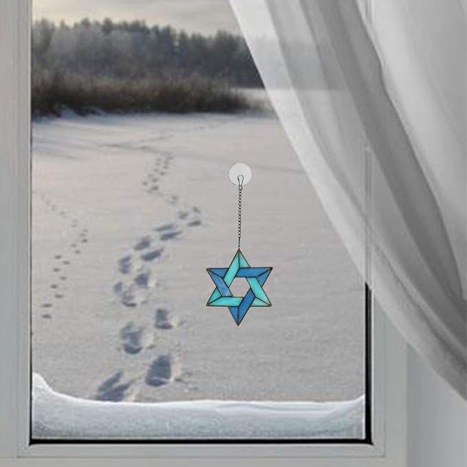 Jewish Star Stained Glass Window Hanging,Star of David Suncatcher for Home Office,Family Guardian Birthday Gifts for Women, Housewarming Gifts