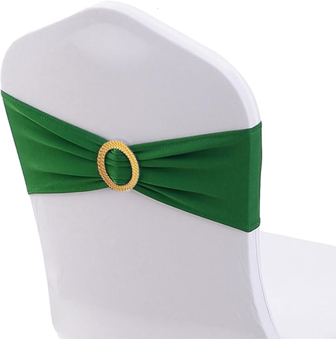 Pack of 50 Spandex Green Chair Sashes with Gold Buckles, Stretch Chair Sashes for Wedding Party Baby Shower Ceremony Event Decorations Chair Bands Bows (Green Sashes, Gold Buckles)