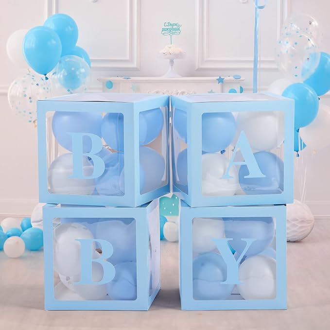 Baby Boxes with Letters for Baby Shower Decorations - 4 Transparent Balloon Boxes for Gender Reveal (Blue)