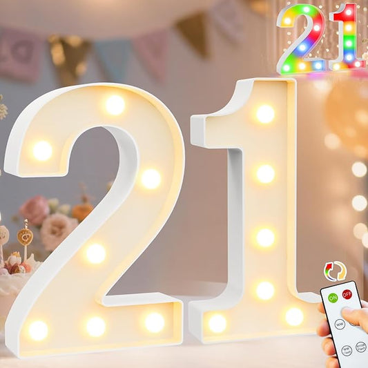 Pooqla 21st Birthday Decoration for Her Him, Decorative LED Light Up Numbers, Marquee Numbers 21 Sign for Party Backdrop 21st Wedding Anniversary Decor Gift, Warm White and Colorful Number 21