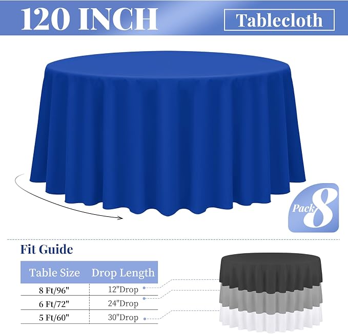 fani 8 Pack 120 Inch Round Royal Blue Polyester Tablecloth, Wrinkle & Stain Resistant, Perfect for 8ft Round Table, Wedding, Banquet, Birthday Party