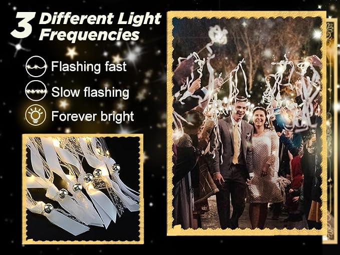 HONLYNE 200PCS Light up Wands for wedding, Wedding Wands Streamers with 3 Colorful Flashing Modes, Fairy Wands, LED Silk Fairy Wand with Bells for Wedding, New Year, Thanksgiving, Concert