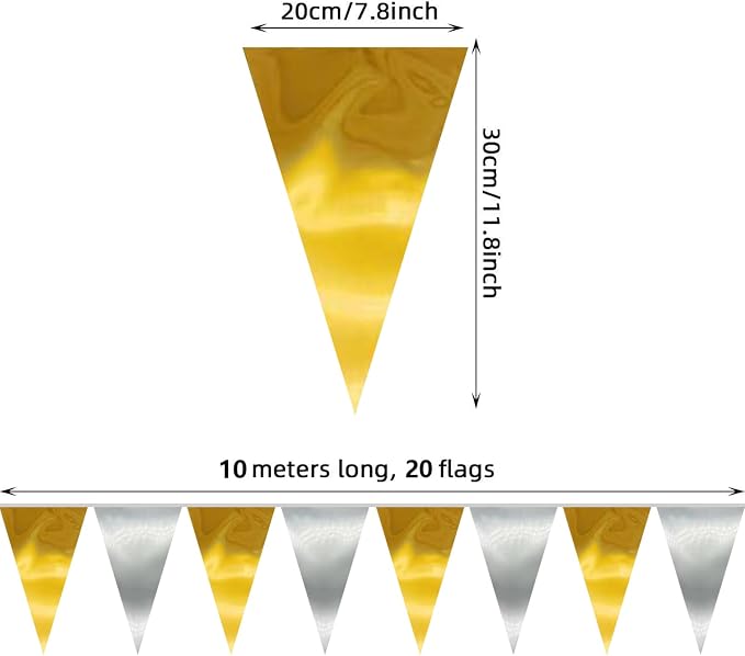 40M/130FT Gold Silver Triangle Pennant Banner Flag Metallic Fabric Bunting Garland for Christmas Wall Hanging,Graduation Decorations, New Years Decorations,Father' Da