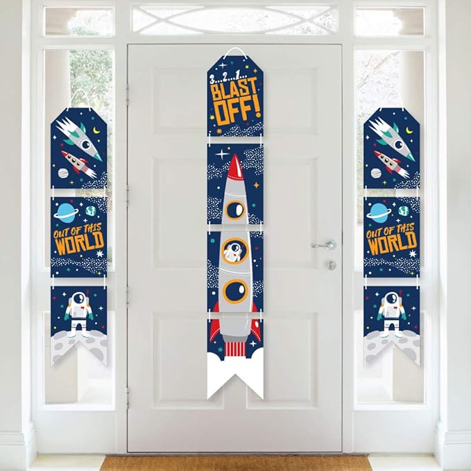 Big Dot of Happiness Blast Off to Outer Space - Hanging Vertical Paper Door Banners - Rocket Ship Baby Shower or Birthday Party Wall Decoration Kit - Indoor Door Decor