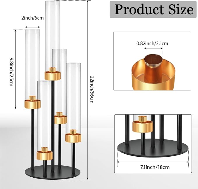 2 PCS 5-Arm Black+Gold Metal Table Candelabra Centerpiece, 22" Tall Clear Acrylic Candlesticks Holder with Shade for Valentines Day Events Party Table Centerpiece,Fit LED Candles