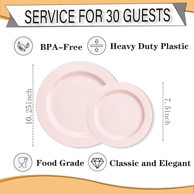 FLOWERCAT 60PCS Pink Plastic Plates - Heavy Duty Pink Plates Disposable for Spring Party&Mother's Day/Wedding - serving 30 guests Include 30PCS 10.25inch & 30PCS 7.5inch