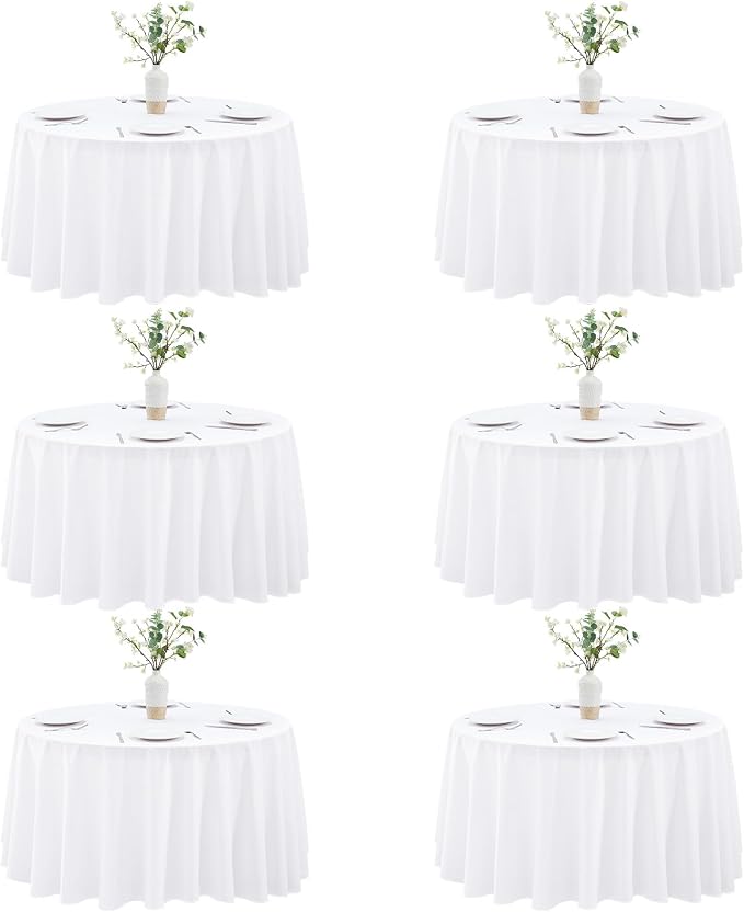 White Round Tablecloths 6-Pack, 120 Inches in Diameter | Reusable & Washable Table Cloths for 30-72 Inch Round Tables, Polyester Fabric Tablecloth for Wedding, Party, Banquet