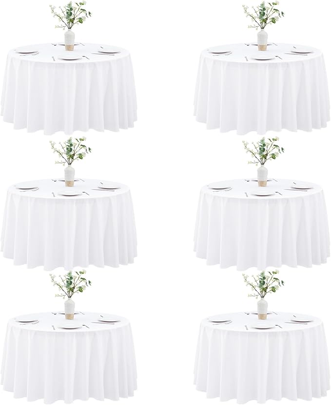 White Round Tablecloths 6-Pack, 90 Inches in Diameter | Reusable & Washable Table Cloths for 30-72 Inch Round Tables, Polyester Fabric Tablecloth for Wedding, Party, Banquet