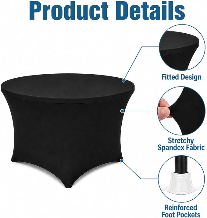 Round Table Covers - 6 Pack 48x30 Inch Table Cloth - Black Fitted Stretch Spandex Round Tablecloth for Party, Vendor, Birthday, Booth, Banquet