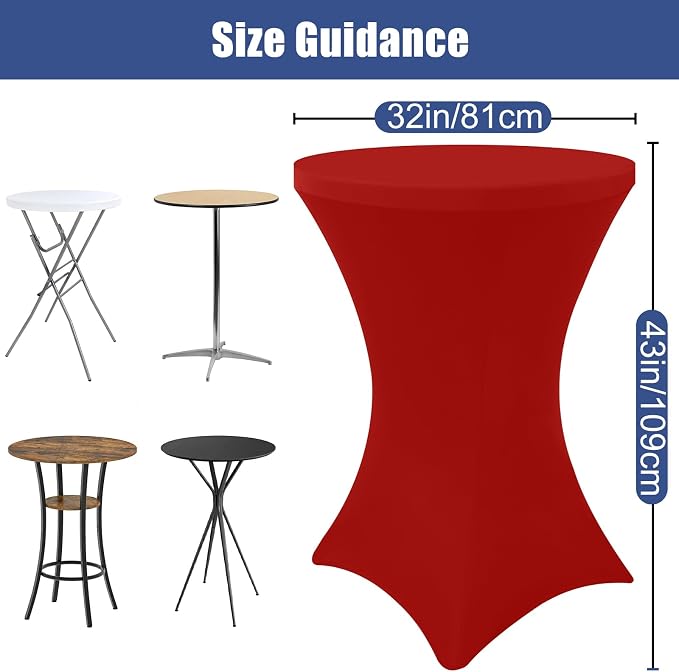 Moosfor Spandex Cocktail Table Covers 4 Pack, Elastic Fitted Stretch Table Cloth, Round High Top Tablecloths for Bar, Party, Pub, Wedding & Banquet (Red, 32x43 Inch)