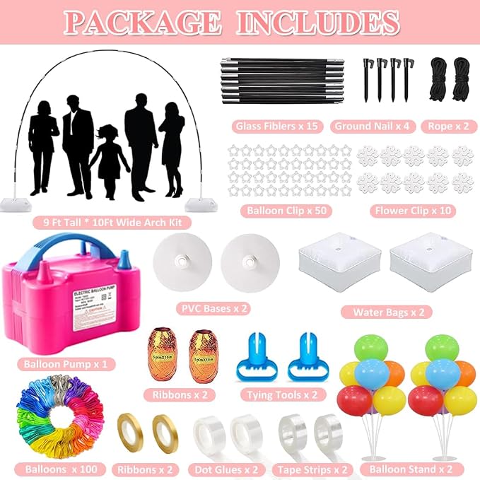 Balloon Arch Kit with Balloon Pump, 9FT Tall &10FT Width Adjustable Balloon Arch Stand Balloon Arch Frame with Base for Wedding Birthday Party Decoration