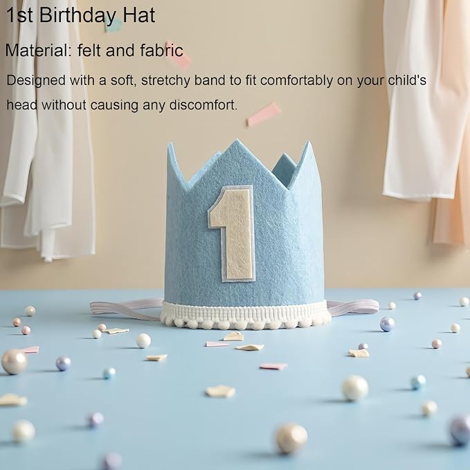 First Birthday Decorations for Boy - Complete Party Set with High Chair Banner, Number 1 Balloon, One Cake Topper, Crown, Balloons & Birthday Banner(Blue)
