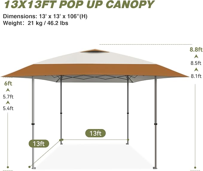 HYPER VENTURE 13x13ft Pop Up Canopy Tent with One Push Setup, Portable Outdoor Event Shelter with Rolling Carry Bag for Camping, Beach, Market, Patio (Brown)