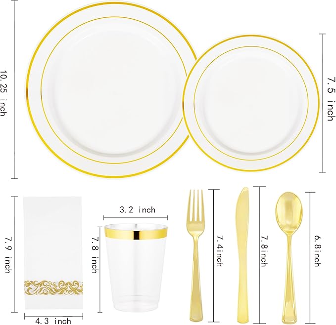 Supernal 400pcs Gold Plastic Plates for 50 Guests Heavy Duty Disposable Party Plates, 200 Gold Plastic Silverware, Linen Napkins, Clear Cups For Valentine's Day Mother's Day and Easter
