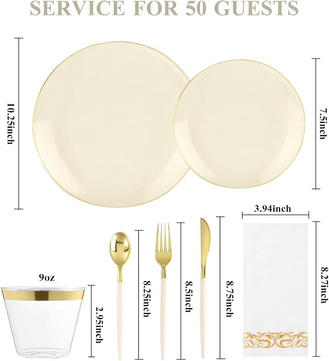 350 PCS lvory Plastic Dinnerware Set, lvory and Gold Rim Disposable Plates for Party, Include 100 lvory Plates with 150 Plastic Cutlery, 50 Napkins and 50 Cups