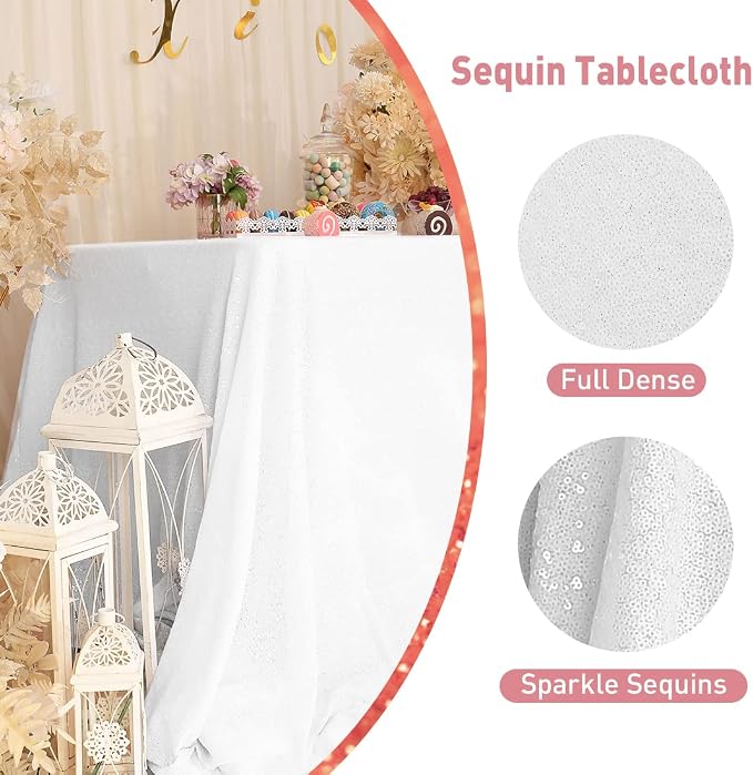 Poise3EHome White Sequin Tablecloth 60×102 Inch Rectangle Sparkly Fabric Table Cloth for Birthday Wedding Party Holiday Baby Shower Christmas Decoration