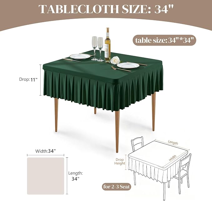 Wish Care Hunter Green Spandex Tablecloths for 34x34 Inch Square Tables, Stretch Fitted Table Clothes with Pleated Ruffle Skirt for 34” Table, Wrinkle Free and Elastic, for Party Kitchen Home Dining