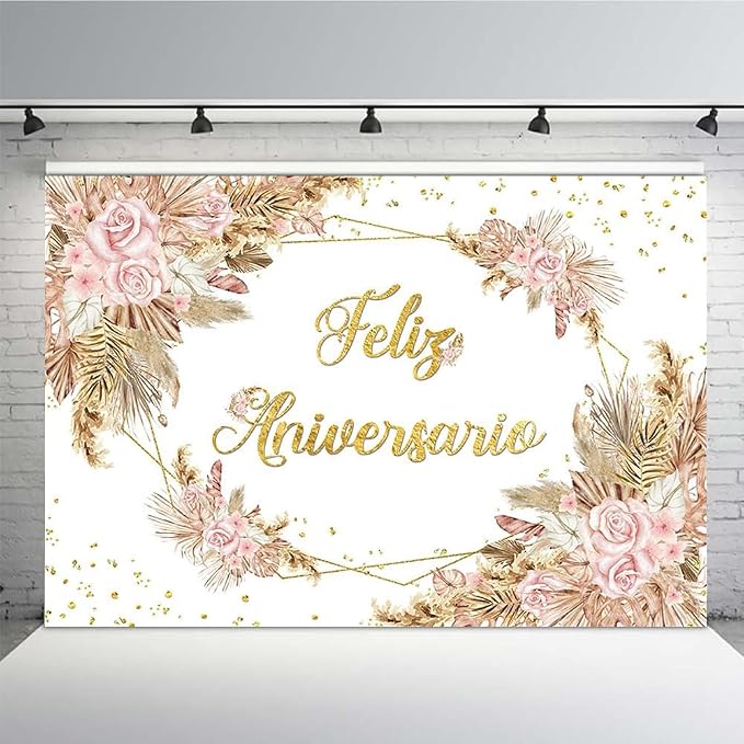 MEHOFOND 10x7ft Boho Feliz Aniversario Backdrop Mr and Mrs Engagement Banner Bohemia Happy Anniversary Wedding Valentines Decorations Blush Pink Floral Photography Background Studio Props