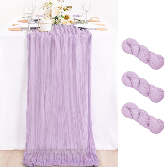 MLMC 3 Pack Lilac Purple Table Runner 10ft Lavender Cheesecloth Table Runner Rustic Gauze Cheese Cloth Spring Centerpiece Decor 35x120 Inches for Bridal Shower Birthday Wedding Decor