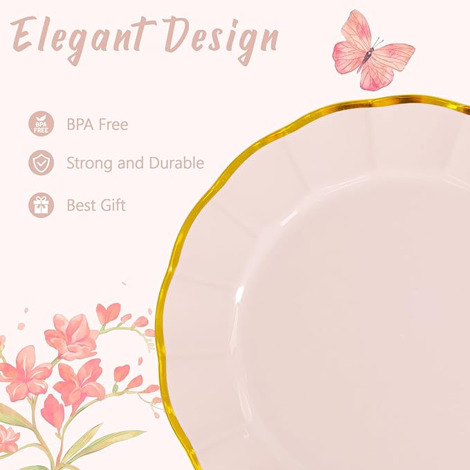 ejonirinjonir EI 150pcs Pink Plastic Plates with Gold Plastic Silverware,Pink Party Plates,Heavy Duty Plate Disposable,Gold Dinnerware Set for Birthday, Afternoon Tea,Wedding,Valentine's Day
