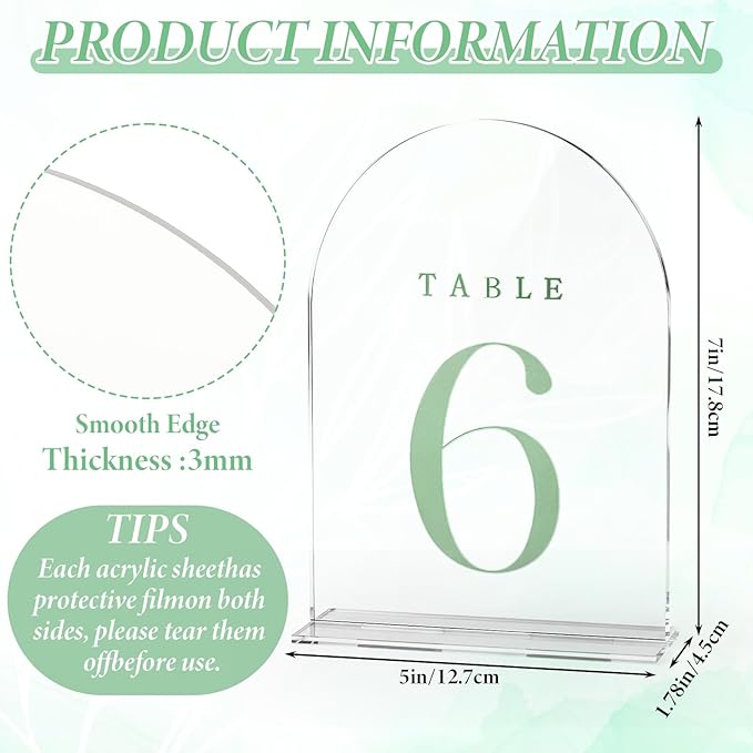 15 Pcs Frosted Arch Wedding Table Numbers with Stands 1-15, 5"x7" Acrylic Display Signs and Holders, Perfect for Centerpiece, Reception, Party, Anniversary, Banquet, Event (Sage Green)