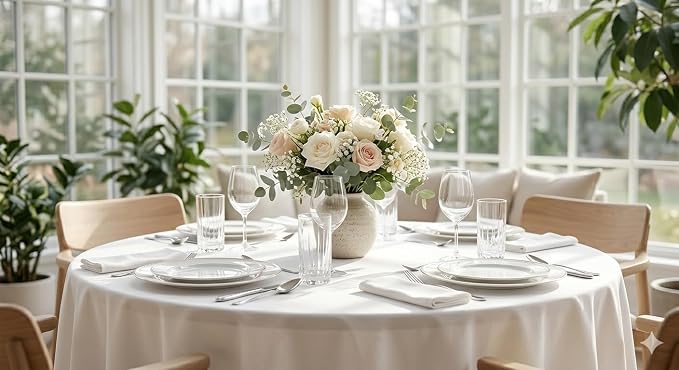 90 Inch Round White Tablecloth 8 Pack, Premium Soft Touch & Elegant Drape, Wrinkle Free Lightweight Circular Table Cover, Washable & Micro-Waterproof for 5 Foot Tables, Wedding, Banquet