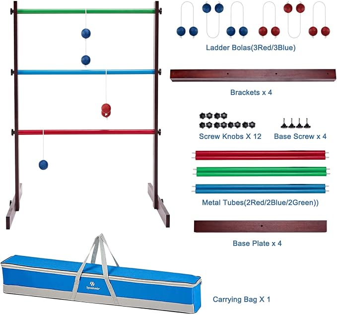 SpeedArmis Ladder Ball Game Set - Premium Rubber Wooden Golf Lawn Sport with 6 Bolo Balls and Carrying Case, Perfect Outdoor Yard Games for Teens, Adults and Families