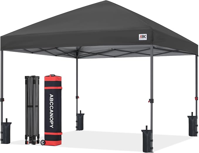 ABCCANOPY 10x10 Pop Up Canopy Tent, Easy Setup Instant Shelter with Wheeled Bag, Heavy Duty Outdoor Canopy for Beach, Market, Backyard, UV Protection, Outdoor Weather Protection (Dark Gray, 10x10)